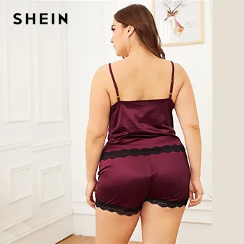 SHEIN Plus Size Women Summer Pidžame Set cvjetne čipke završiti tamnocrvena top Cami s kratke hlače pidžama bez rukava špageti remen pidžama