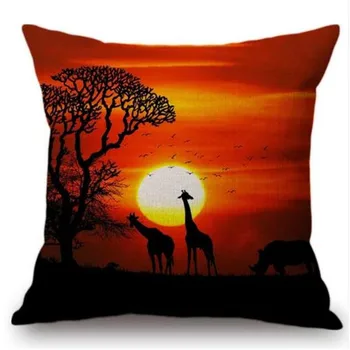 Zalazak Sunca Afrika Krajolik Divlje Životinje Slon Žirafa Lijep Dom Umjetnosti Dekorativni Bacanje Jastučnicu Pamuk Posteljinu Jastučnice