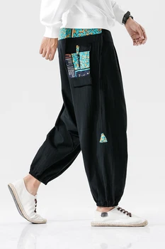 MRDONOO Kineski nacionalni stil vintage vezeni svakodnevne ženske sportske hlače do gležnjeva prugasta kolaž Muške hlače su široke hlače