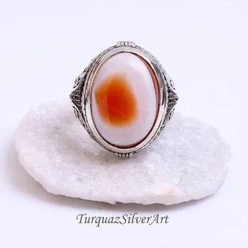 Mans 925 White Orange Oval Cut Agate Ring, Unikatni 925 Sterling Silver Prsten, srebro prsten, ručni rad za muški