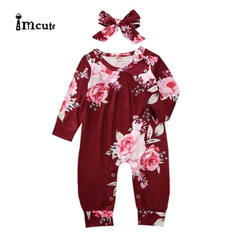 Moda ispis girl klizači dijete s dugim rukavima pamuk novorođenčadi kombinezon igre odijelo i povez za glavu odjeća odjeća odijelo