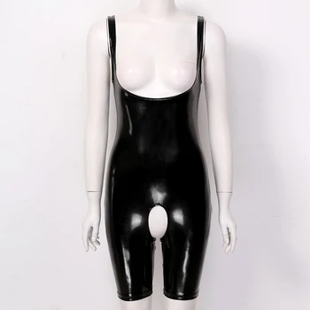 Žene body jednodijelni mokri izgled lakirane kože duboko U vrat vrećice izrezima open stražnjica Slim Fit short kupaći kostim kombinezon