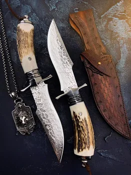 Ručno kovana trodijelna lovački nož od damast postali 60 HRC Дамасская čelik fiksni nož za preživljavanje