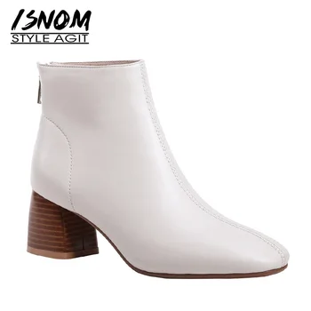 ISNOM visoke štikle drvene kratke čizme Ženske čizme cipele s trga vrhom Ženske cipele na munje kožuh ženska jesen 2019 nova crna