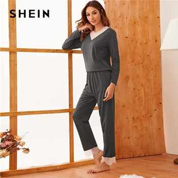 SHEIN Grey Contrast Lace Long Pidžame Set Casual Nightwear Women Spring Long Sleeve Solid odjeća za spavanje PJ Sets