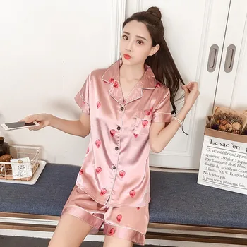 Slatka crtani flamingo, svila, saten kratke hlače pidžama setovi za žene 2019 ljeto kratki rukav pidžame kućna odjeća Pijama Mujer odijevanje