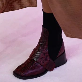 Prirodna Koža Patchwork Gležanj Čarapa Čizme Na Visoku Petu Zmija Rastezanje Koža Elastična Cipele Žena Rim Oštar Čarapa Kratke Čizme 2020