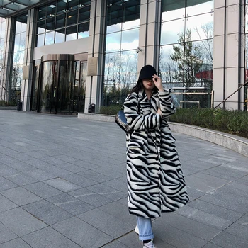 [EAM] slobodan ukrcaj crna Zebra uzorak veliki veličina dugi vuneni kaputi parkovi novi dugi rukav ženska moda jesen zima 2021 1DA474