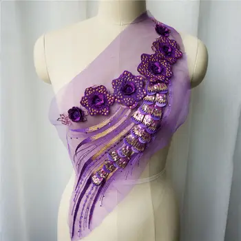 Ljubičasti cvijet cvjetne čipke tkanina šljokice kićanka vezeni haljina aplicirano ovratnik mreže šivanje krpa za vjenčanje ukras haljina DIY