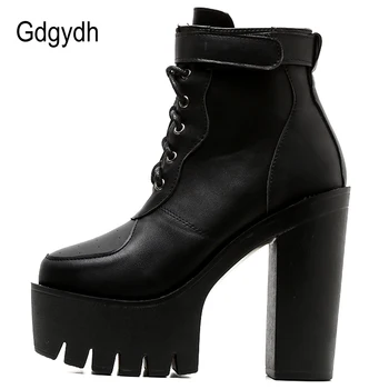 Gdgydh proljeće i jesen ruske ženske čizme čipka-up crne čizme na platformu koža debela štikla Ženske cipele zima topla rasprodaja