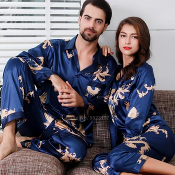 Žene svila saten pidžama set 2 komada pun rukav top hlače kineski stil Novu godinu Zmaj tiskanih Lounge muški par pidžama