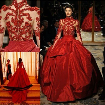 Raskošna crvena visoki vrat večernja haljina dugih rukava čipke ball haljina sheer prom vestido de festa loptu haljina je majka nevjesta Haljine