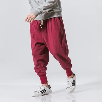 Ulica novi muški ženske sportske hlače Japanski stil casual pamuk posteljinu hlače osoba Trkač hlače kineski široke hlače plus veličina M-5XL