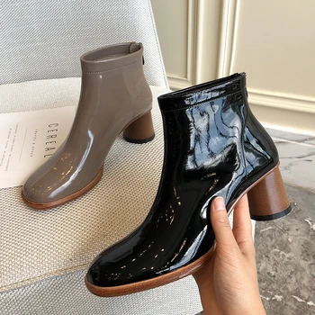 ISNOM čizme žene daje koža booties drvene Visoke štikle večernje cipele ženska moda kvadratnom čarapa munja cipele dame 2020 novi