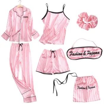 Pink prugasta пижама svila saten Femme пижама set 7 komada bod rublje ogrtač pidžama ženska pidžama pidžama saten pidžama