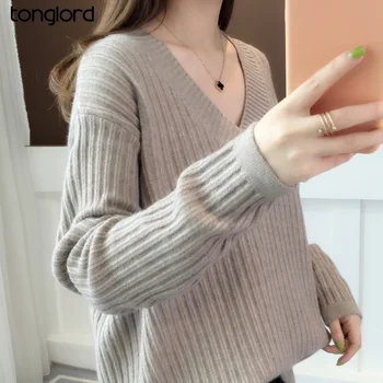 Tonglord džemper ženski pulover slobodan Pad s dugim rukavima koreanska verzija V vrat lijeni pletene dno majice jednobojnu