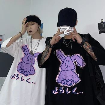 Harajuku majica za žene Ulzzang korejski punk crni berba vrhovima zec, crtani film ispis дропшиппинг odjeću kratkih rukava plus size