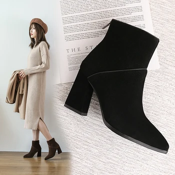 Ženske čizme od prave kože plus size 22-26, 5 cm dužina stopala oštar čarapa patentni zatvarač zimska obuća žene zapatos