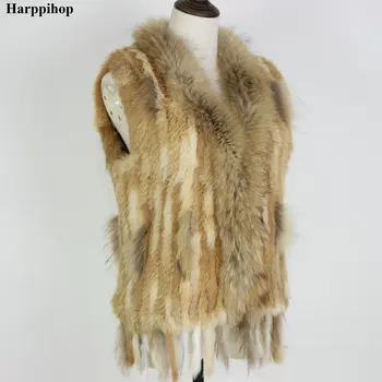 Harppihop Besplatna dostava ženski prirodni krzno zeca prsluk s енотовым меховым ovratnik vest/jakne rex rabbit pletene winte