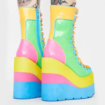ženska 2021  prodaja na Veliko cipela pomiješan boje punk gothic čipke cijele čarapa platforma klinovi peta gležanj čizme