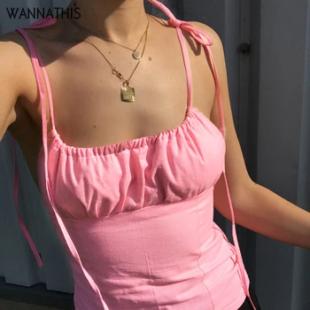WannaThis Slash Neck Lace up Camisole Women Sleeveless banding Spaghetti Strap Backless Crop Tops Ladies Summer Vacation Top New
