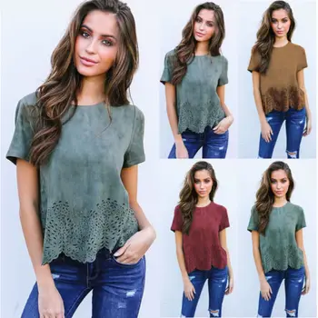 AU 2018 New Fashion Women Suede Top Short Sleeve Shirt Casual Loose Hollow out O Neck T-shirt Summer