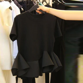 Crna linija krep majica s kratkim rukavima donje ljetna haljina nova korejski ured Lady studentica šik tees DG007