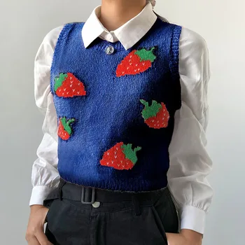 Slatka jagoda print pletene prsluk ženski bez rukava rebra plesti usjeva vrhovima moda jedinstvena pulover casual džemper, prsluk novi