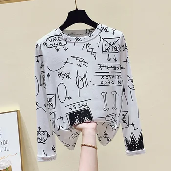 Gkfnmt 2020 jesen zima Novi Harajuku Pismo tiskanje Majica O-izrez stare majice pamuk, dugi rukav ulica žene vrhovima Bijela
