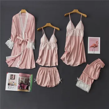 Daeyard svilene pidžame setovi žena pink 5 kom. seksi čipke pidžama pidžama ogrtač, hlače kombinacija proljeće ljeto Mujer kućna odjeća