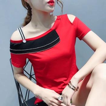 Korejski Seksi Udarac Vrat Patchwork Majica 2019 Nove Žene Kratkih Rukava Top Majica Odjeća Ulica Camiseta Mujer Crna T96513