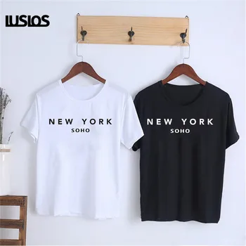LUSLOS NEW YORK SOHO Letter Print Women T Shirt Summer Casual Short Sleeve White Black Tshirt Female Harajuku Streetwear Tee Top