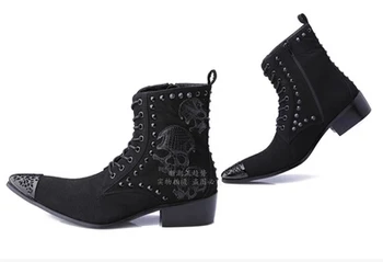 Ch.kwok Black Designer Men Genuine Leather Ankle Boots Fashion Skull Pattern Metal Head Čizme Oštar čarapa оксфордские cipele Size46