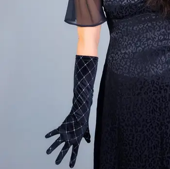 Ženska pista moda elegantan elastični pokrivač baršun duge rukavice ženski crna boja pleuche party driving rukavice 60cm R2724