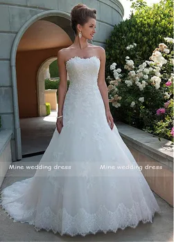 Bez naramenica dekolte vjenčanicu A Line s čipkastim aplikacije naslon munja djeveruša haljina Vestidos De Novia 2019 Robe de Mariee