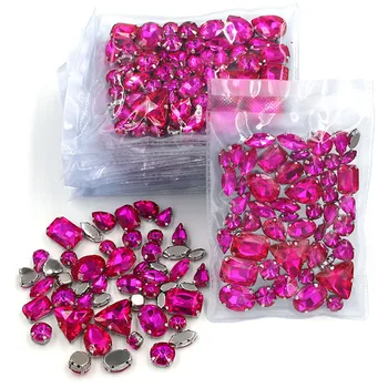 Besplatna dostava Veleprodaja 5 torbe mješoviti oblik srebrna osnova šivati na staklo Kristal ružičasto-crvene rhinestones za odjeću / vjenčanica
