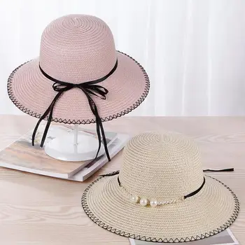 2018 Ljetna moda ravna polja slamnati šešir biseri, perle Федоры ženske sunčane krema za sunčanje jazz Panama šešir vanjski plaža kape