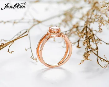 JUNXIN Slatka Female Champagne Round Ring Luxury CZ Stone Ring moda rose gold punjeni nakit berba vjenčano prstenje za žene