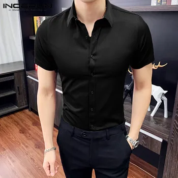 INCERUN muški posao društvena košulja tanka kratkih rukava rever 2021 Camisa jednobojnu Ulični modni brand Muške majice haljine 5XL