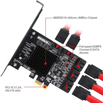 8 portova PCIe SATA Card, PCIe X1 Non-Raid Controller Card za SATA hard diskove III 6G