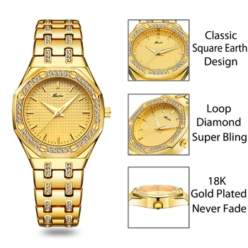 MISSFOX ženski sat 35 mm Bling-ed luksuzni oštrica CZ zlatni sat Japan quartz mehanizam imitacija laboratoriju dijamanti ženski Ručni sat