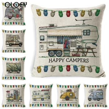Pamučna lanena jastučnica Happy Campers Pattern Baciti Pillow Cover Car Pillowcase For Sofa Bedroom Home Decoration 45*45cm