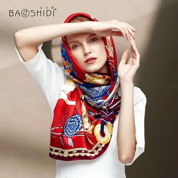 [BAOSHIDI]2018 jesen novi dolazak, 16 m/m svila satiny šal,106*106 četvornih šalove žena,cvjetni uzorak dizajn beskonačno šal