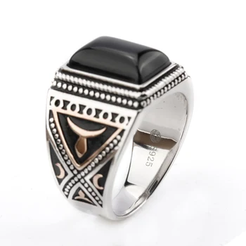 Srebra 925 muški prsten s pravokutnik crni ahat Veliki Kamen prstena za muškarce prst prsten nakita
