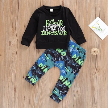 Emmababy dijete Dječja odjeća jesen skup crna dinosaura i pisma, tiskane s dugim rukavima vrat vrhovima duge hlače 2 kom. odjeću