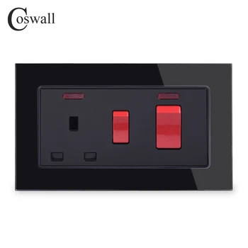 COSWALL 45A DP Wall Cooker Switch Electric + 13A BS UK Standard Switched Socket With Neon 3x6 Size Crystal Tempered Glass Panel