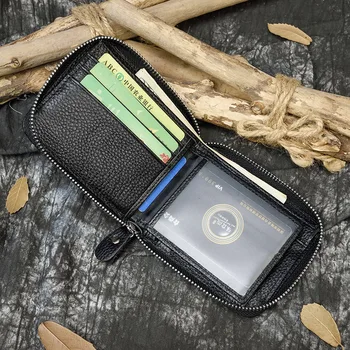 Visoka kvaliteta prirodna koža Zip oko džep, novčanik s držačem kartica Ugriz novčić u džep crna prirodna koža torbi crna