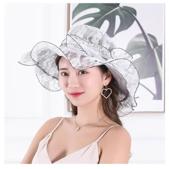SUOGRY ženski crkveni kape sklopivi širokog oboda UV-zaštita čipke солнцезащитная šešir neto pređe vjenčanje šešir za žene