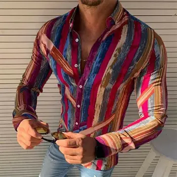 Muška moda Češka Havajski prugasta majica jesen svakodnevni dugi rukav plaža college tanke majice košulje M-3XL
